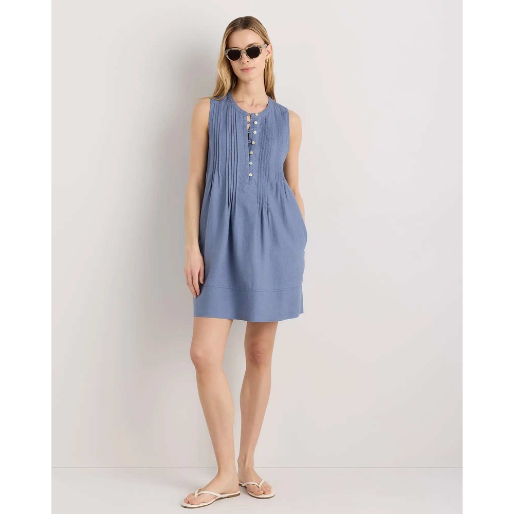 Quince European Linen Swing Dress Moonstone Blue Pintuck Sleeveless Mini Small